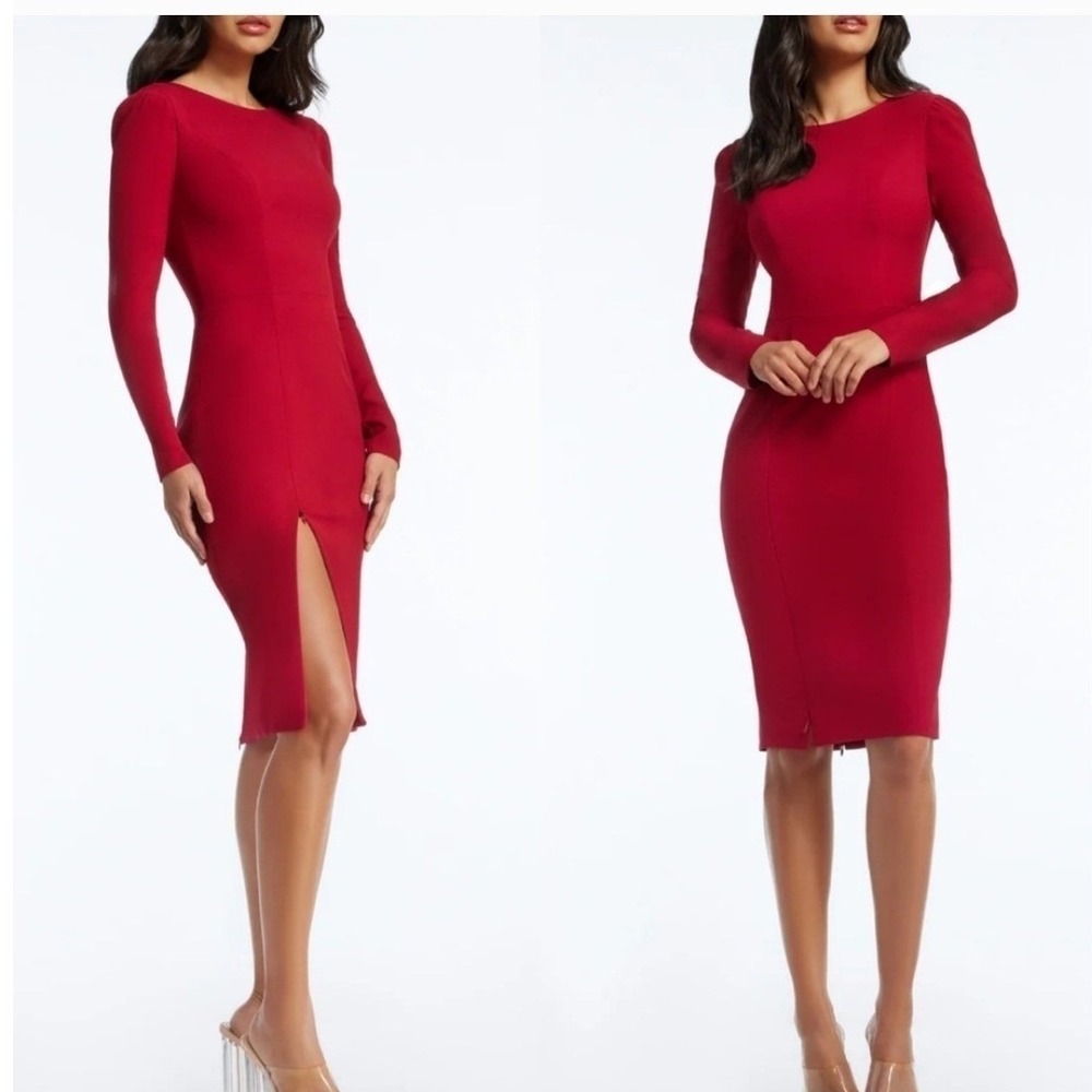 Dress the Population Red Long Sleeve Bodycon Midi Dress